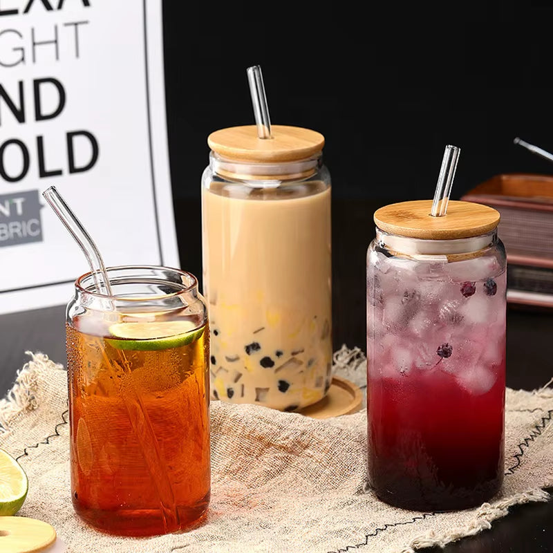 Hot Selling 12 Oz 16 Oz Borosilicate Glass Can Cup, Pint Tumbler with Bamboo Straw and Lid Straw Glass Cup