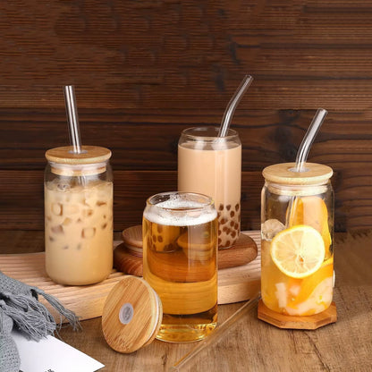 Hot Selling 12 Oz 16 Oz Borosilicate Glass Can Cup, Pint Tumbler with Bamboo Straw and Lid Straw Glass Cup