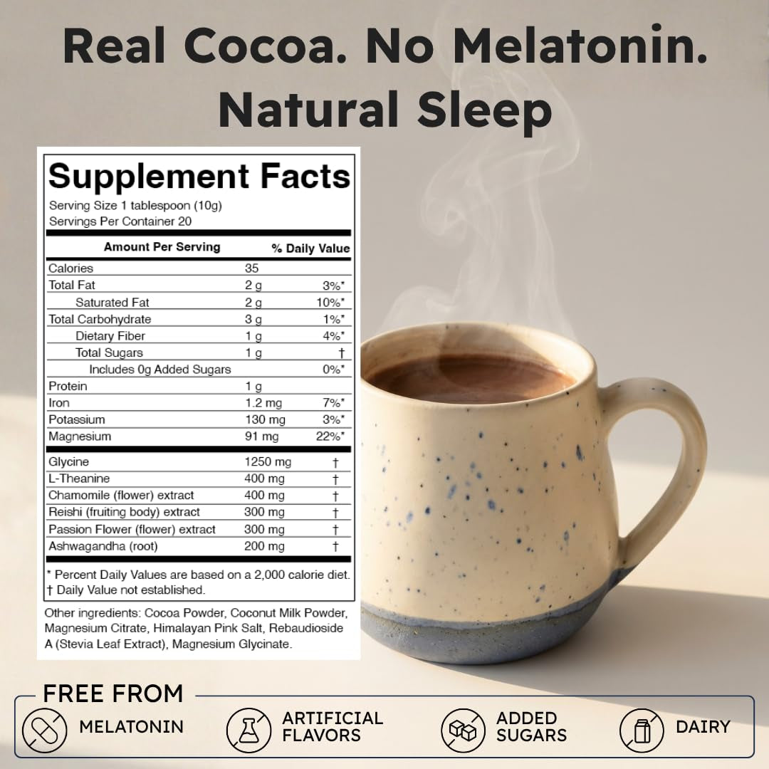 Sleep Cocoa for Chocolate Lovers – with Magnesium Glycinate, Ashwagandha, Reishi Mushroom & L-Theanine – Bedtime Sleep Aid Drink for Adults – No Melatonin, Added Sugar, or Artificial Flavors