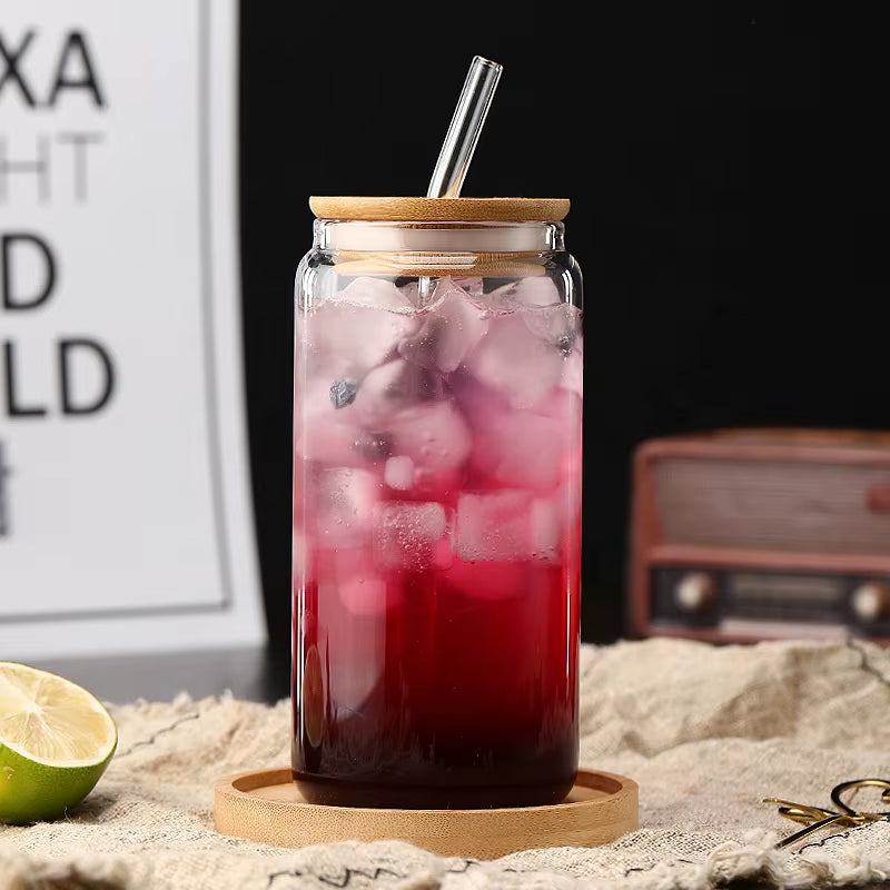 Hot Selling 12 Oz 16 Oz Borosilicate Glass Can Cup, Pint Tumbler with Bamboo Straw and Lid Straw Glass Cup