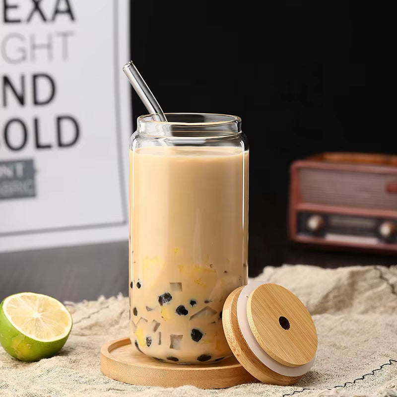 Hot Selling 12 Oz 16 Oz Borosilicate Glass Can Cup, Pint Tumbler with Bamboo Straw and Lid Straw Glass Cup
